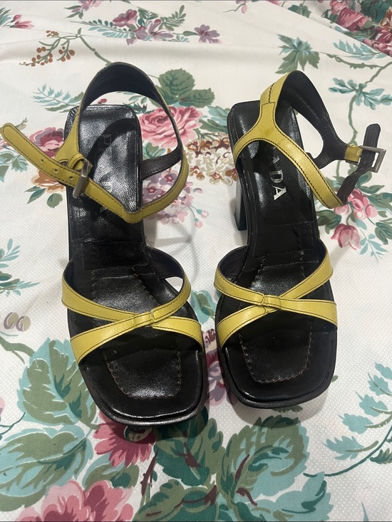 Prada Shoes - Vintage Prada Black and Yellow Leather Strappy Heels
